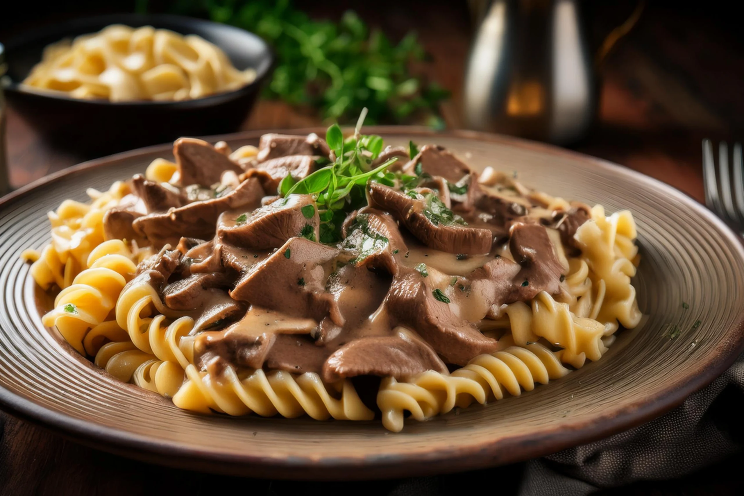 Creamy Beef Stroganoff served over fusilli pasta