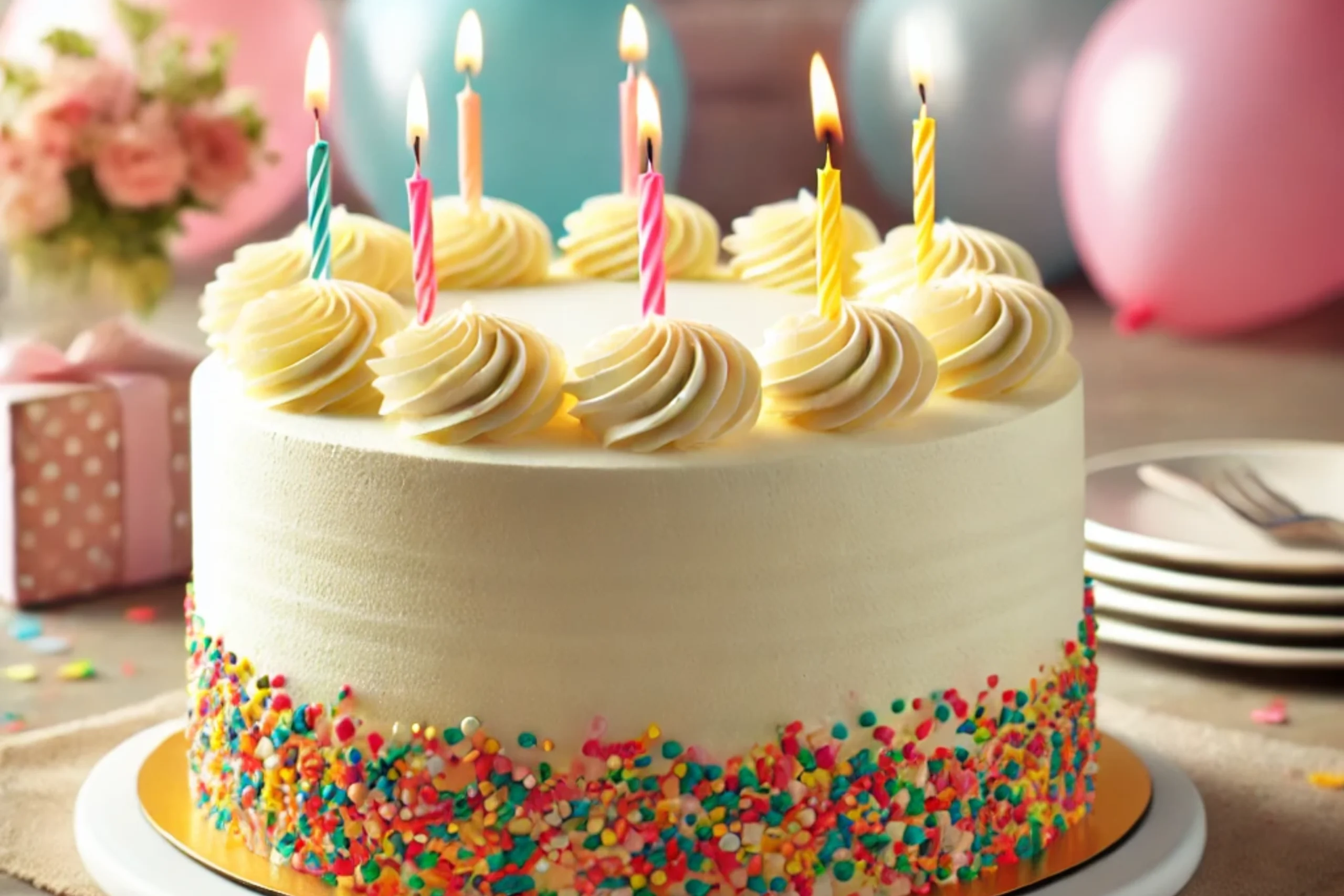 A colorful birthday cake with sprinkles and candles, representing delicious birthday cakes for celebrations