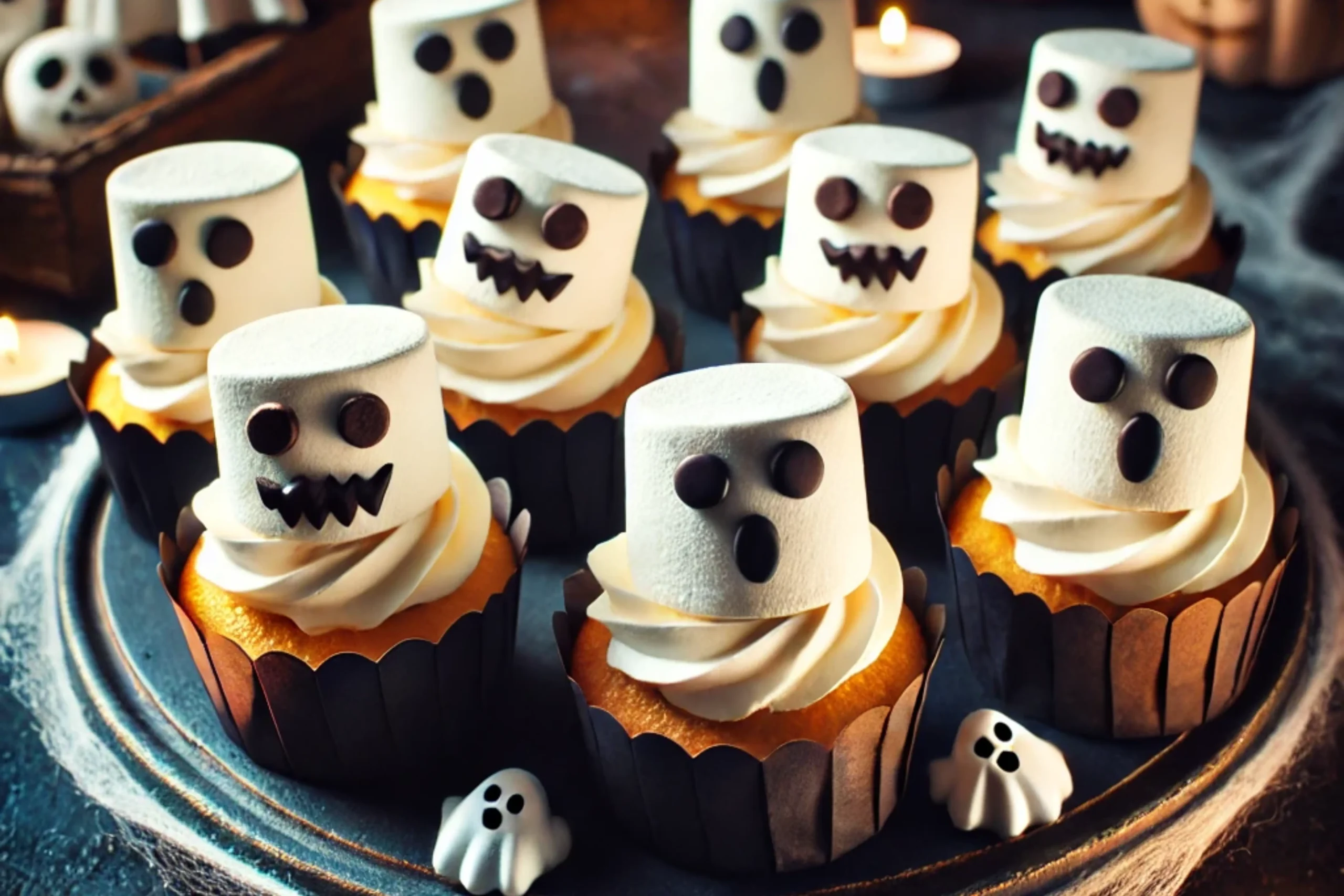 Ghost cupcakes for Halloween topped with fluffy vanilla frosting and marshmallow ghosts on chocolate cupcakes.