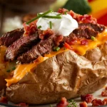 Loaded baked potato with steak, cheddar cheese, bacon, and sour cream on a wooden table.