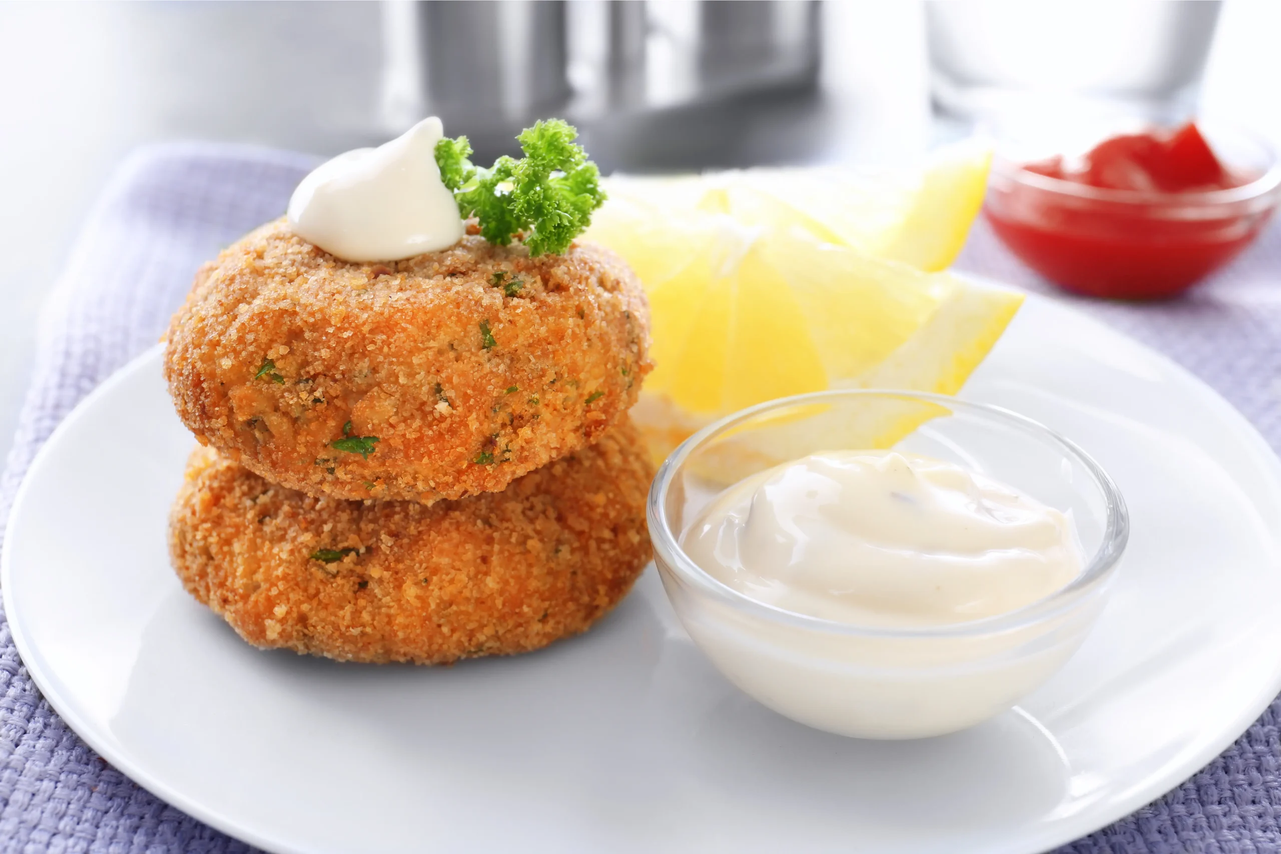 Crispy salmon croquettes with dill sauce and lemon wedges, a perfect seafood appetizer.