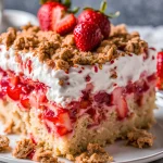 Strawberry Crunch Poke Cake with strawberry topping and graham cracker crust, served on a white plate