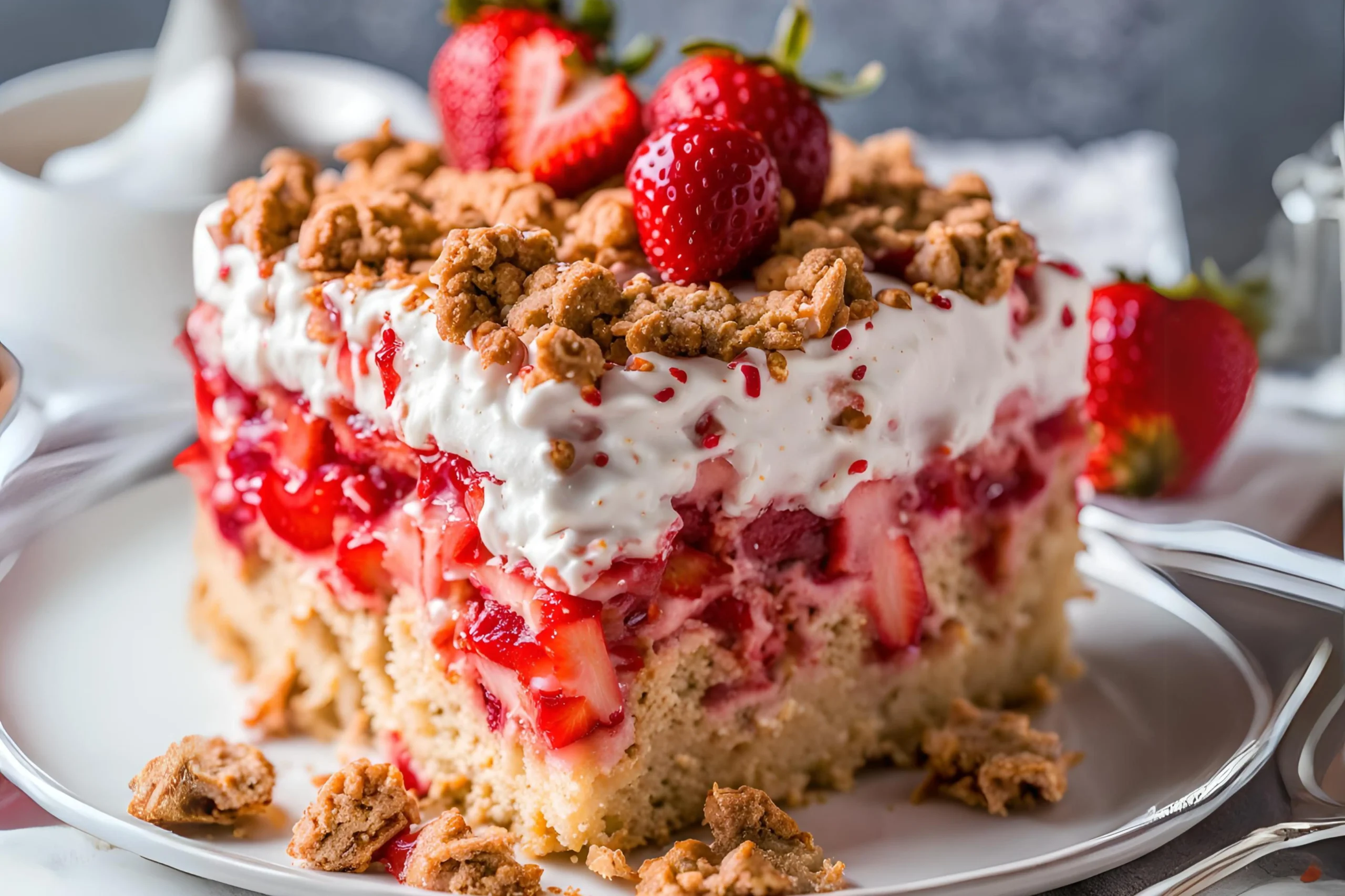 Strawberry Crunch Poke Cake with strawberry topping and graham cracker crust, served on a white plate