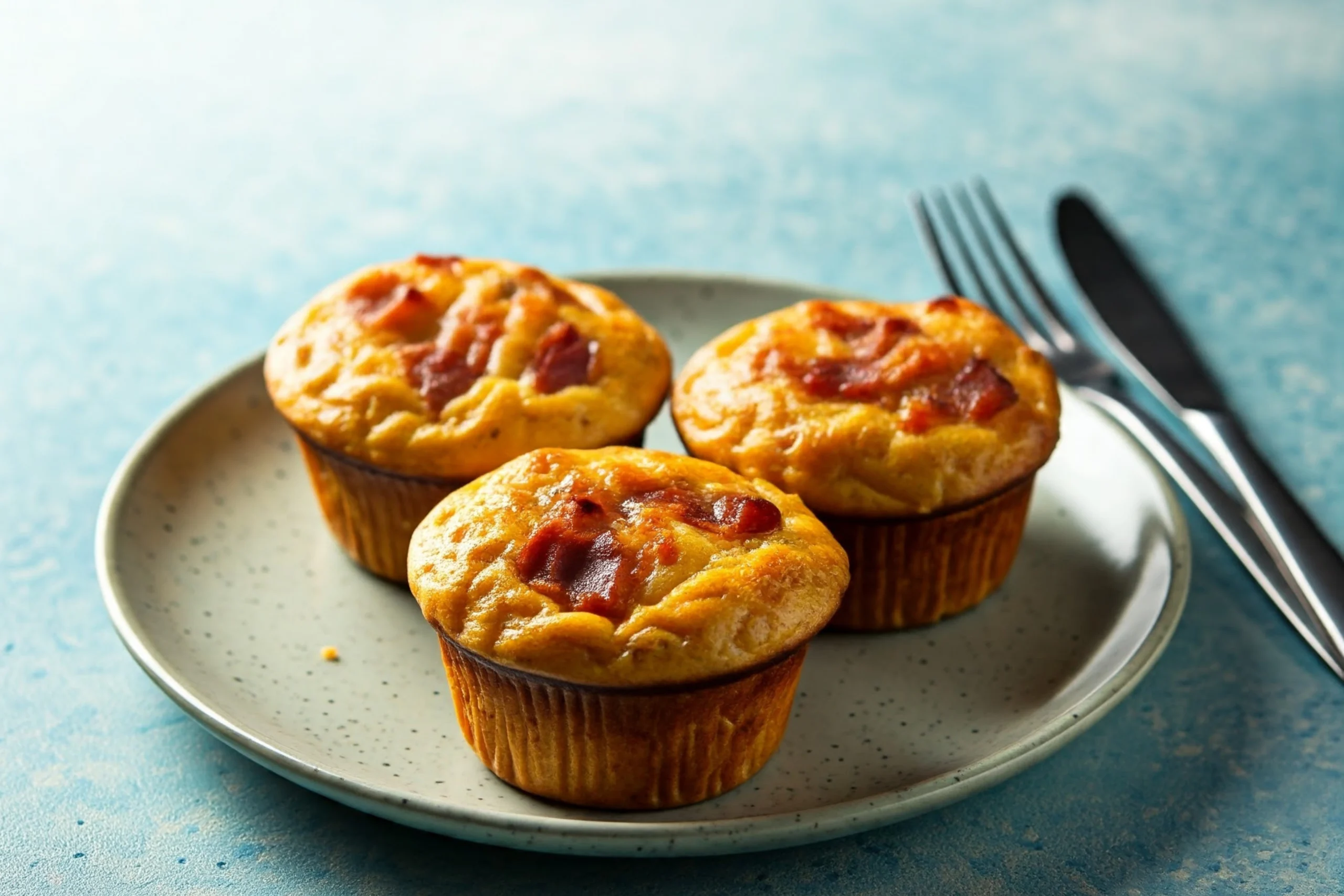 Fluffy egg-stuffed bacon and cheese muffins on a cooling rack.